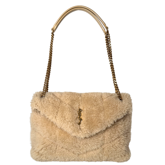 Saint Laurent Loulou Puffer Small Shearling Schultertasche Beige / sehr gut Saint Laurent