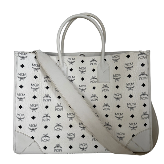 MCM München Tragetasche in Visetos weiß mit abnehmbarer Pouch /gut MCM