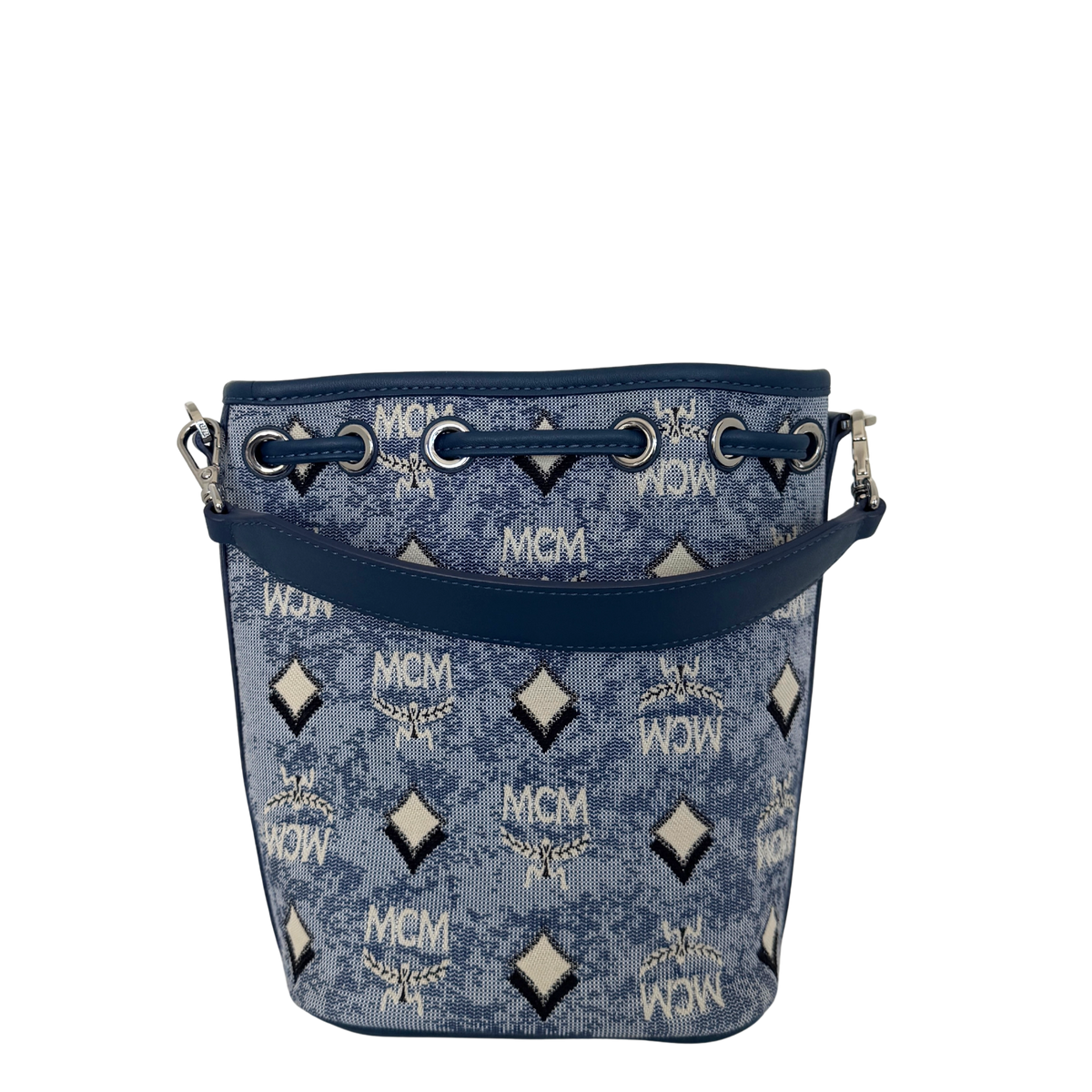 MCM Mini Dessau Kordelzugtasche in Denim-Jacquard Blau / neuwertig MCM