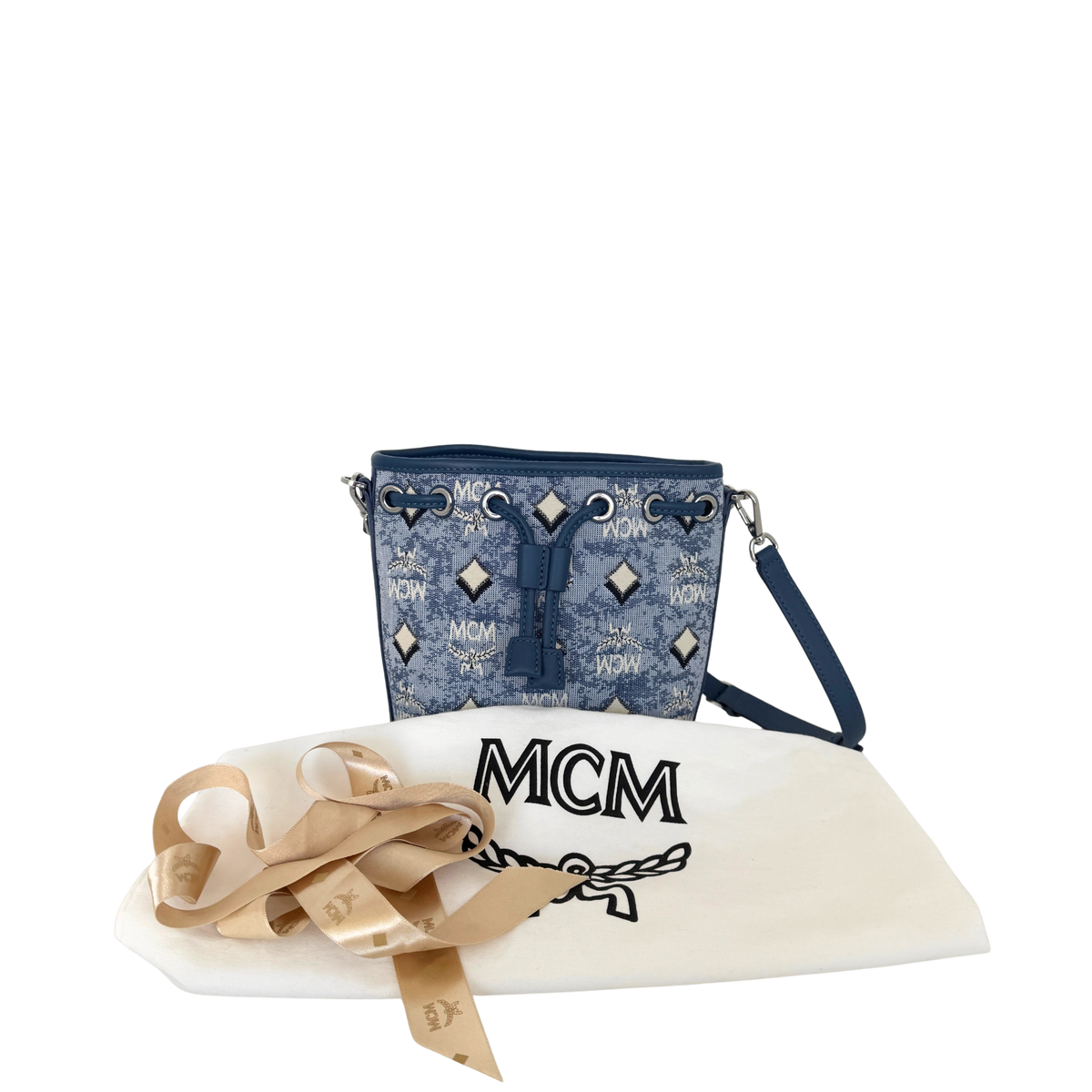 MCM Mini Dessau Kordelzugtasche in Denim-Jacquard Blau / neuwertig MCM