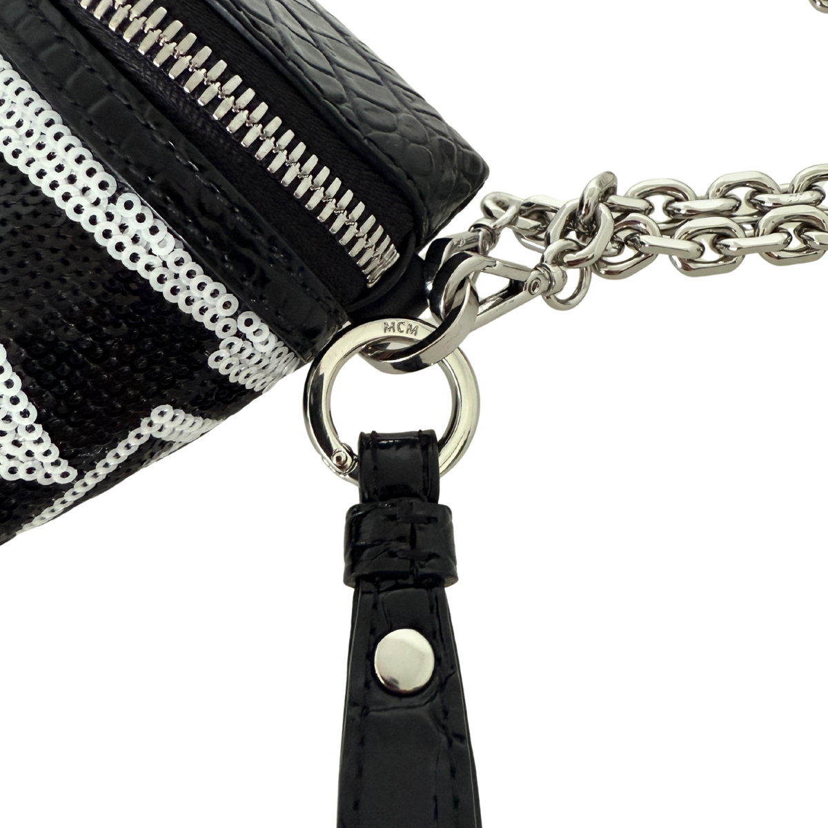 MCM Geo Croco Umhängetasche mit Pailetten Schwarz / neuwertig MCM