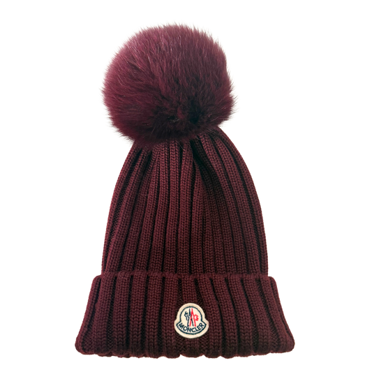 Moncler ribbed wool knit beanie burgundy / very good