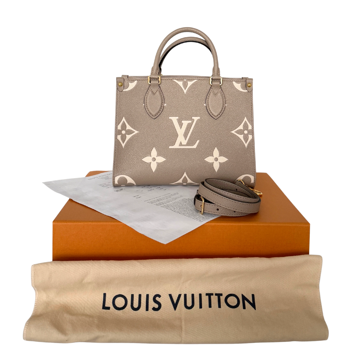 Louis Vuitton OnTheGo PM Monogram Empreinte Tourterelle / Creme Fullset / sehr gut Louis Vuitton
