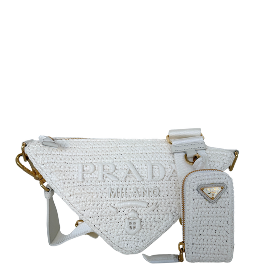 Prada Triangle Logo Zip Häkeltasche Raffia small weiß / neuwertig Prada