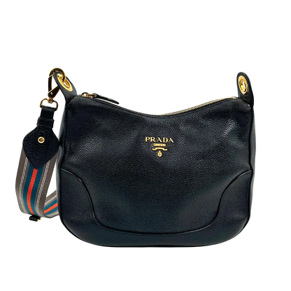 Prada Vitello Daino Zippered Messenger Hobo Bag schwarz / sehr gut Prada