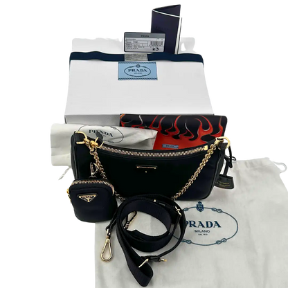Prada Re-Edition 2005 Nylontasche schwarz gold Fullset / neu Prada