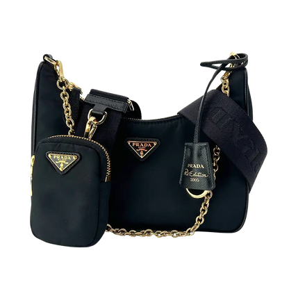 Prada Re-Edition 2005 Nylontasche schwarz gold Fullset / neu Prada