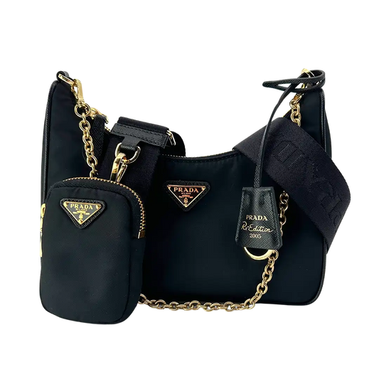Prada Re-Edition 2005 Nylontasche schwarz gold Fullset / neu Prada