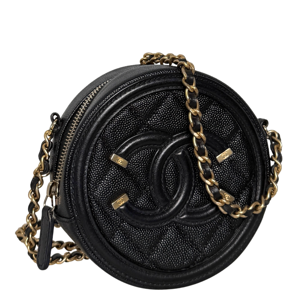 Chanel Runde CC Filigree Clutch aus Kaviarleder Schwarz / sehr gut Chanel