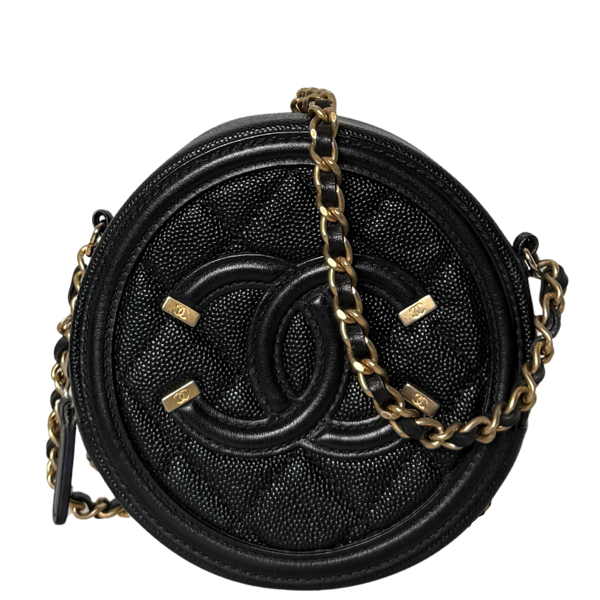 Chanel Runde CC Filigree Clutch aus Kaviarleder Schwarz / sehr gut Chanel