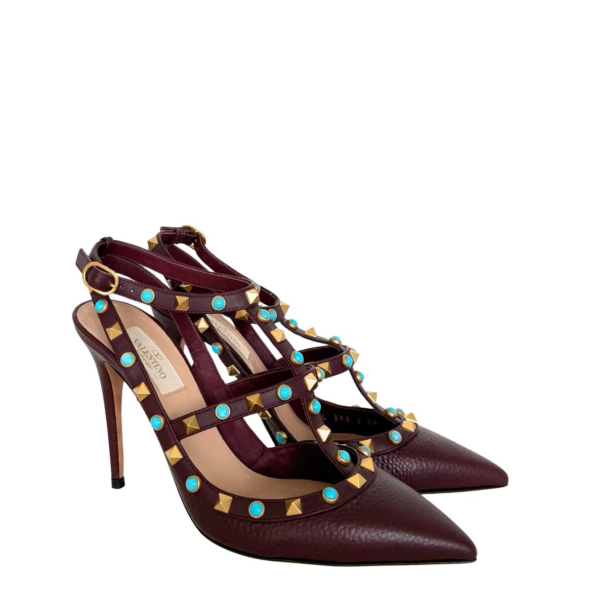 Valentino Rolling Rockstud T-Strap Pumps bordeaux rot Größe 38 / sehr gut Valentino