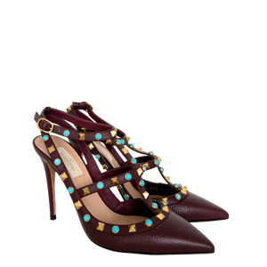 Valentino Rolling Rockstud T-Strap Pumps bordeaux rood maat 38
