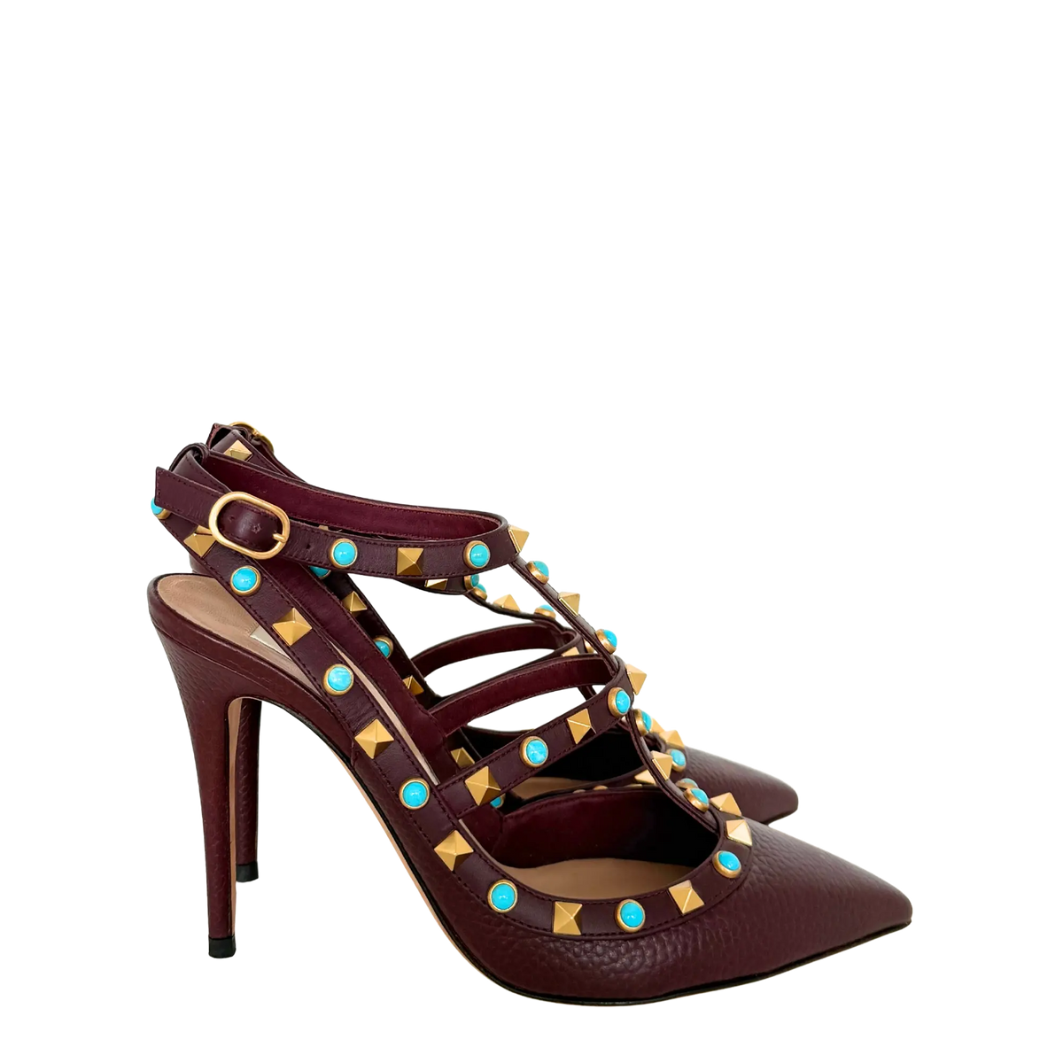 Valentino Rolling Rockstud T-Strap Pumps bordeaux rot Größe 38 / sehr gut Valentino