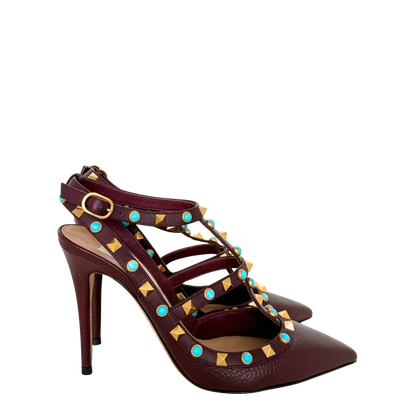Valentino Rolling Rockstud T-Strap Pumps bordeaux rot Größe 38 / sehr gut Valentino
