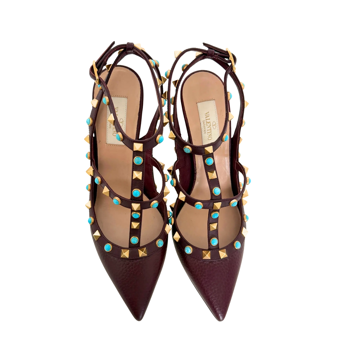 Valentino Rolling Rockstud T-Strap Pumps bordeaux rot Größe 38 / sehr gut Valentino