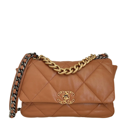 Chanel 19 Flap Bag Medium Tasche glänzendes Lammleder Caramel / sehr gut Chanel