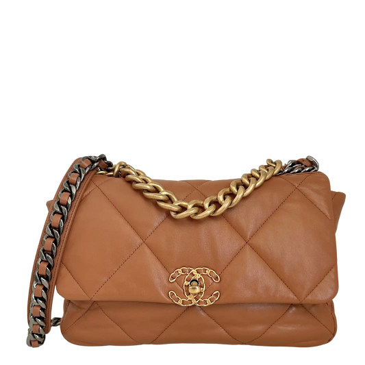 Chanel 19 Flap Bag Medium Tasche glänzendes Lammleder Caramel / sehr gut Chanel